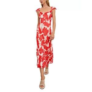 Women's RAILS Marigold Floral Flutter Sleeve Midi Dress in Scarlet Hibiscus S